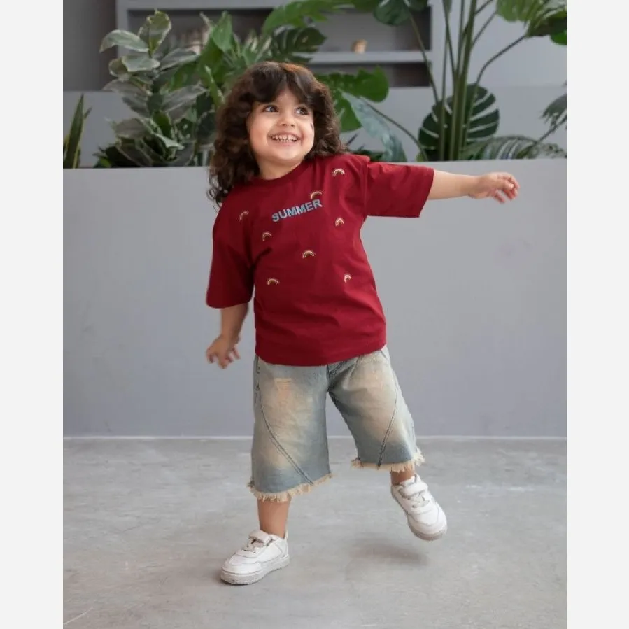 تیشرت و شلوارک جین کاغذی دخترانه طرح گیلاس سایز 35 و 40