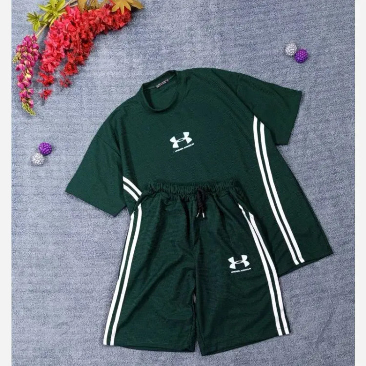 ست تیشرت شلوارک بیسکوییتی طرح UNDER ARMOUR نواردوزی شده