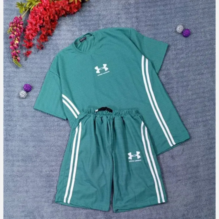 ست تیشرت شلوارک بیسکوییتی طرح UNDER ARMOUR نواردوزی شده