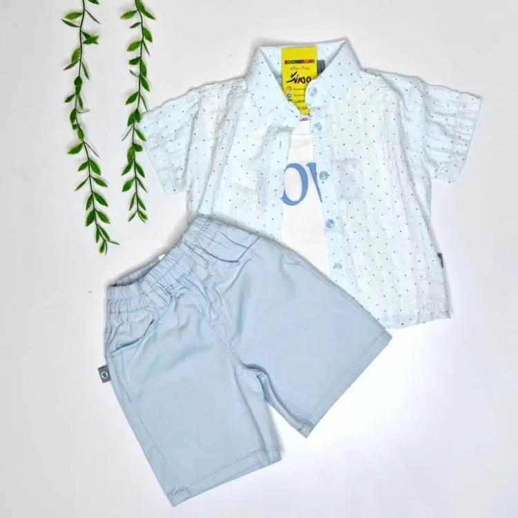 ست 3 تکه دخترانه شومیز و شلوارک کتان و تاپ نگین دار سایز 9 ماه تا 6 سال