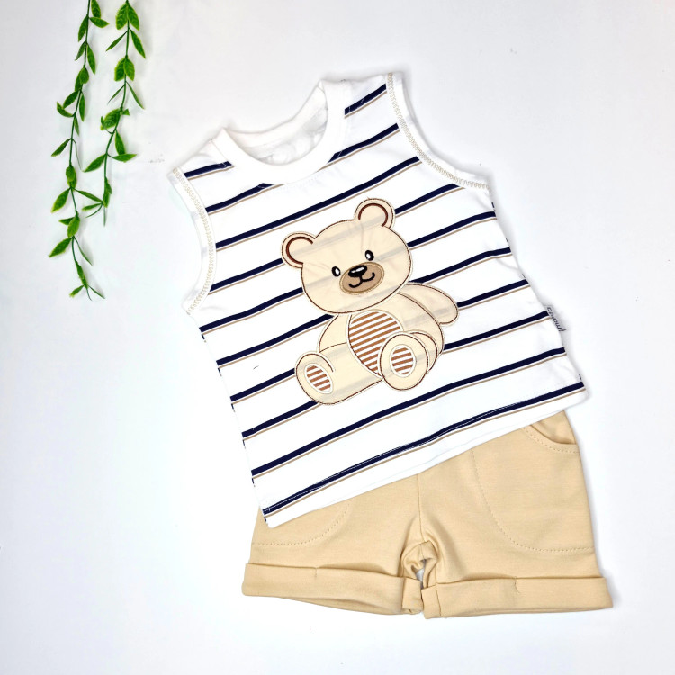 ست تاپ و شلوارک نوزادی طرح راه راه تدی جنس پنبه ضد حساسیت