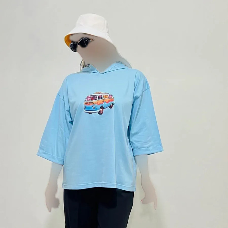 تیشرت باکسی کلاهدار چاپی نخ پنبه قواره لش مناسب سایز 36 تا 54 قد 70 سانت