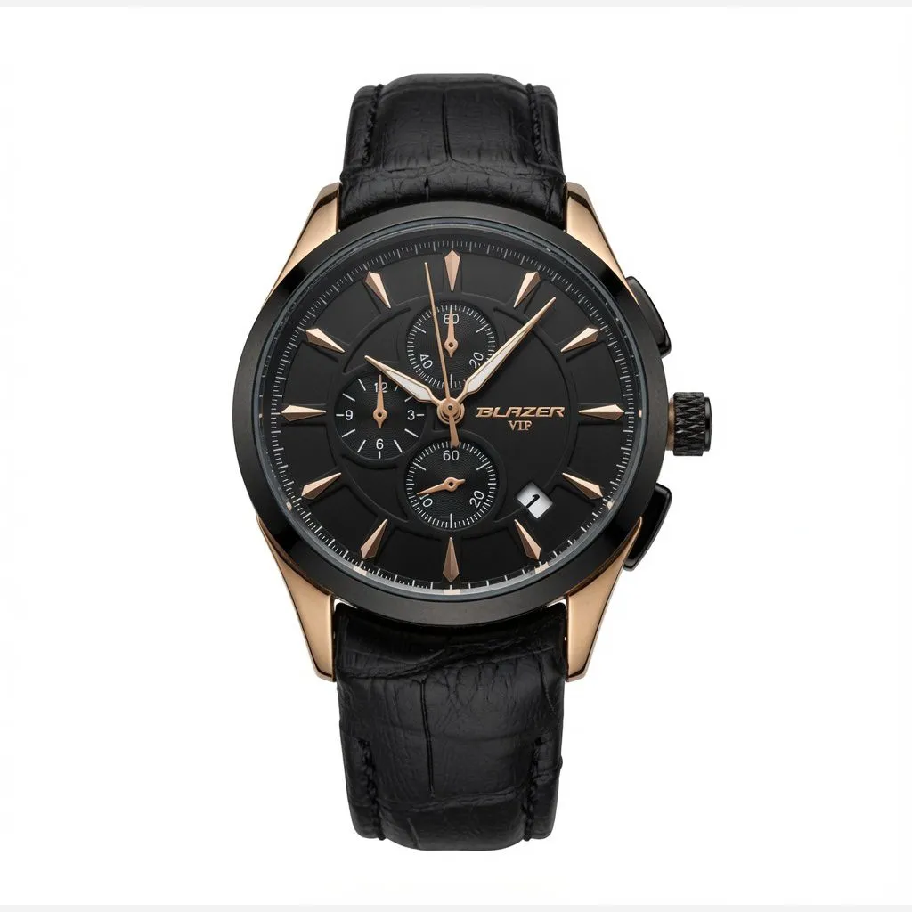ساعت مچی زنانه بلیزر بند چرمی مشکی با قاب رزگلد و تقویم دار