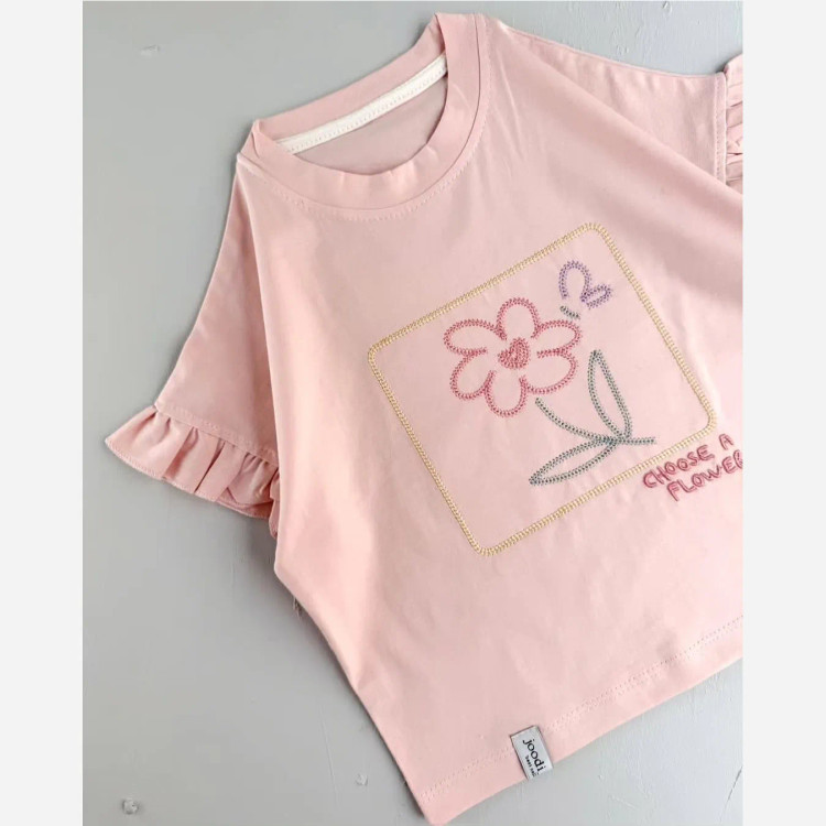 تیشرت باکسی دخترانه آستین چیندار گلدوزی شده مناسب 2 تا 9 سال