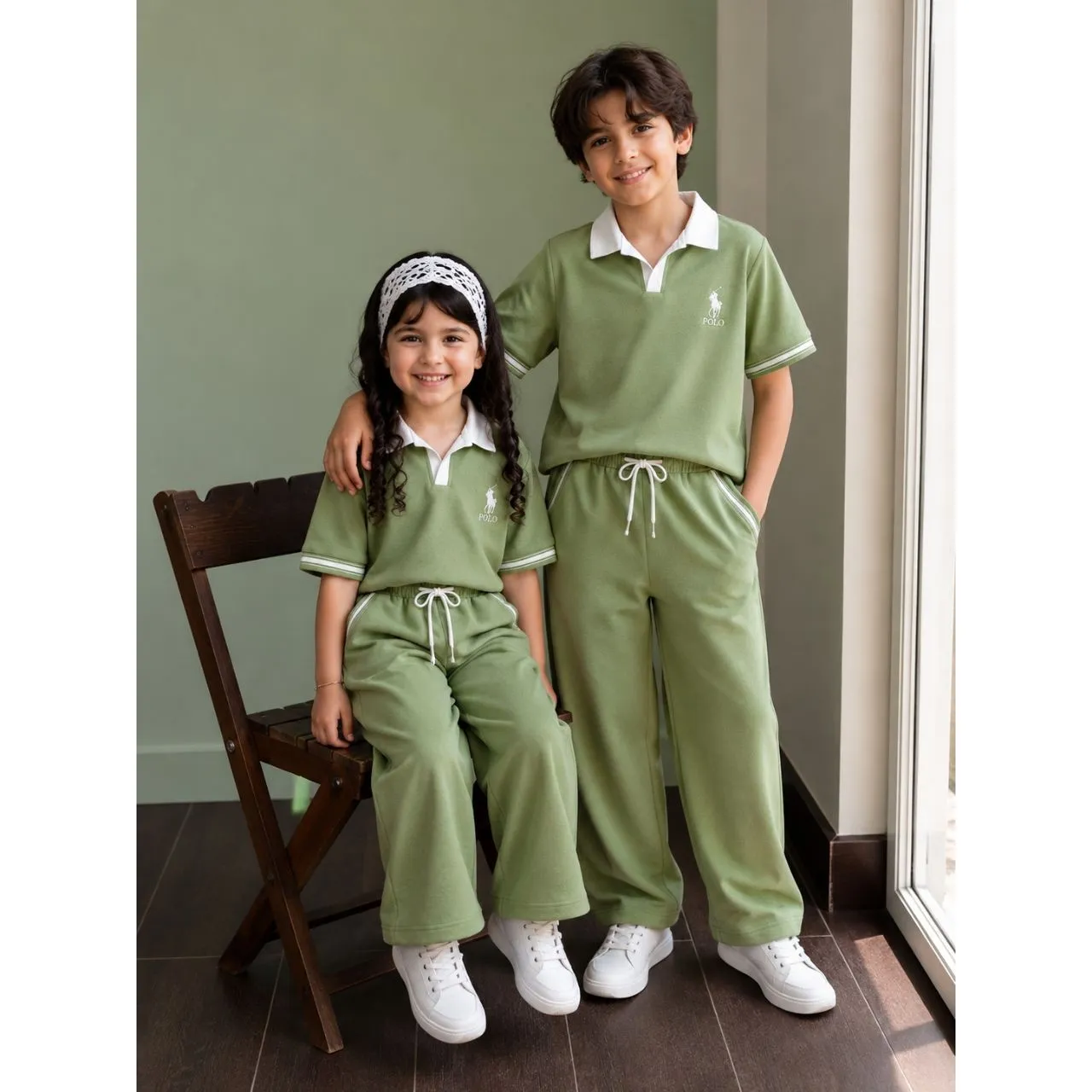 ست تیشرت و شلوار بگ پنبه سوپر اسپرت خواهر و برادری رنگ سورمه ای و سبز سایز 45 تا 75