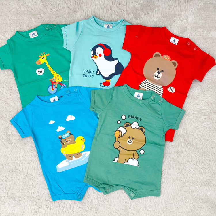 رامپر سرهمی آستین کوتاه نوزادی دخترانه پسرانه طرح حیوانات جنس فول پنبه