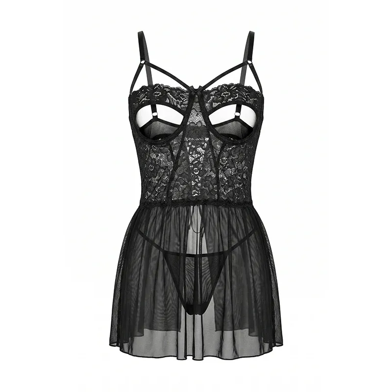 لباس خواب فانتزی زنانه دانتل و تور مشکی لاوین