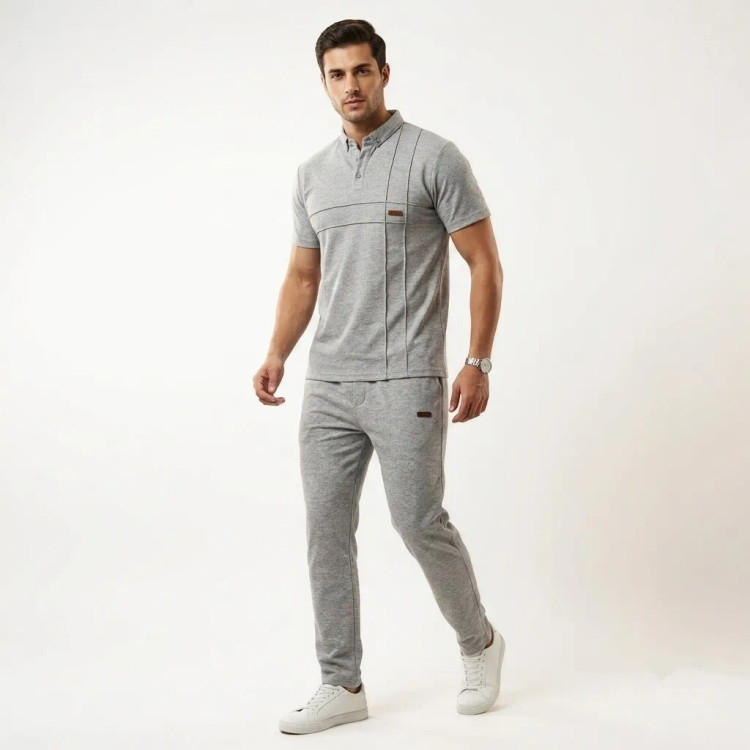 ست پولوشرت و شلوار مردانه طوسی اش نخ و ملانژ دو سایز مناسب روزمره ورزش و پیاده روی